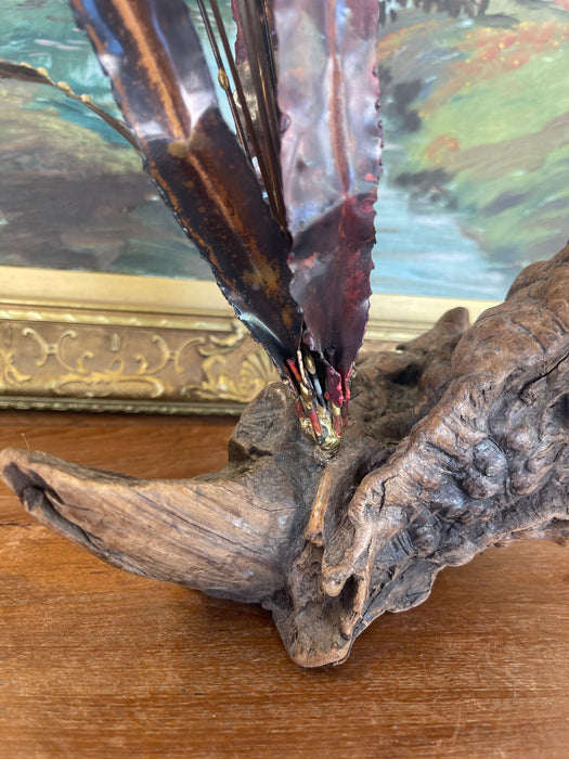 Mid-Century Curtis Jere Style Brutalist Cattail Sculpture in Welded Copper and Brass Toned metals on Driftwood Base.