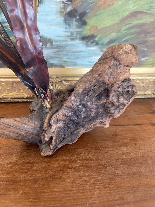 Mid-Century Curtis Jere Style Brutalist Cattail Sculpture in Welded Copper and Brass Toned metals on Driftwood Base.