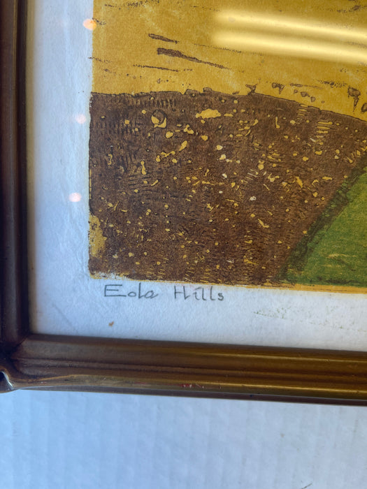 Signed Limited Edition “ Ella Hills” color woodblock print by EGM, 4/10, 1980s Framed Landscape Art.