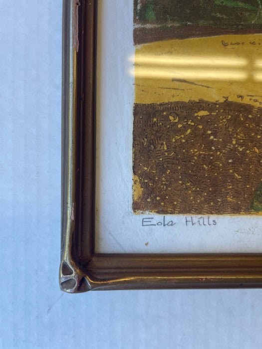 Signed Limited Edition “ Ella Hills” color woodblock print by EGM, 4/10, 1980s Framed Landscape Art.