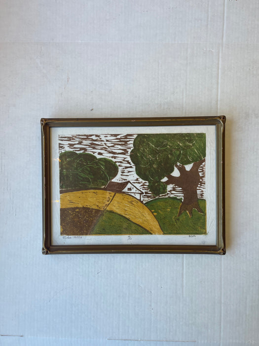 Signed Limited Edition “ Ella Hills” color woodblock print by EGM, 4/10, 1980s Framed Landscape Art.
