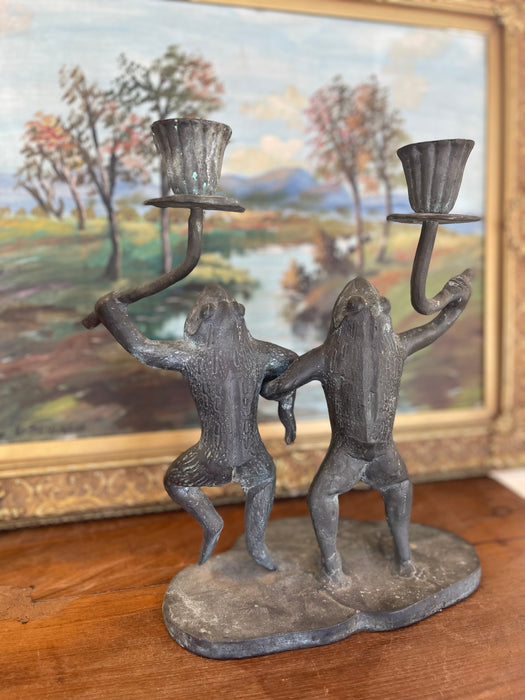 Whimsical Vintage Dancing Frog Candelabra with Dual Candle Holders, Likely Mid-20th Century Folk Art.