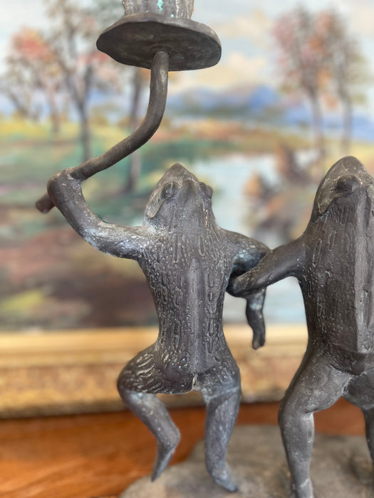Whimsical Vintage Dancing Frog Candelabra with Dual Candle Holders, Likely Mid-20th Century Folk Art.