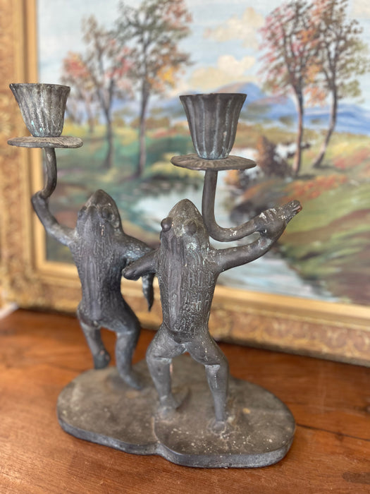 Whimsical Vintage Dancing Frog Candelabra with Dual Candle Holders, Likely Mid-20th Century Folk Art.