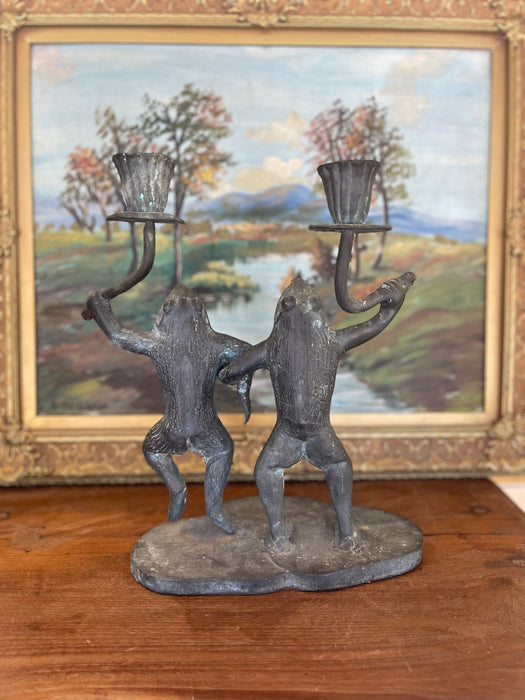 Whimsical Vintage Dancing Frog Candelabra with Dual Candle Holders, Likely Mid-20th Century Folk Art.