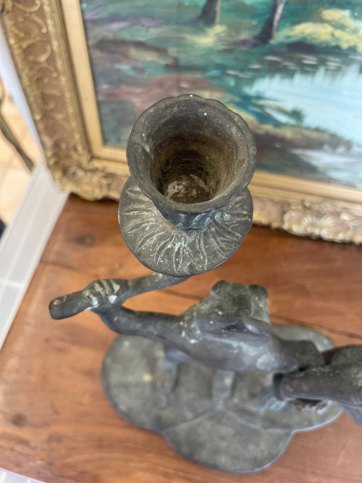 Whimsical Vintage Dancing Frog Candelabra with Dual Candle Holders, Likely Mid-20th Century Folk Art.