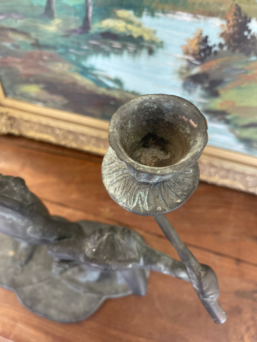 Whimsical Vintage Dancing Frog Candelabra with Dual Candle Holders, Likely Mid-20th Century Folk Art.