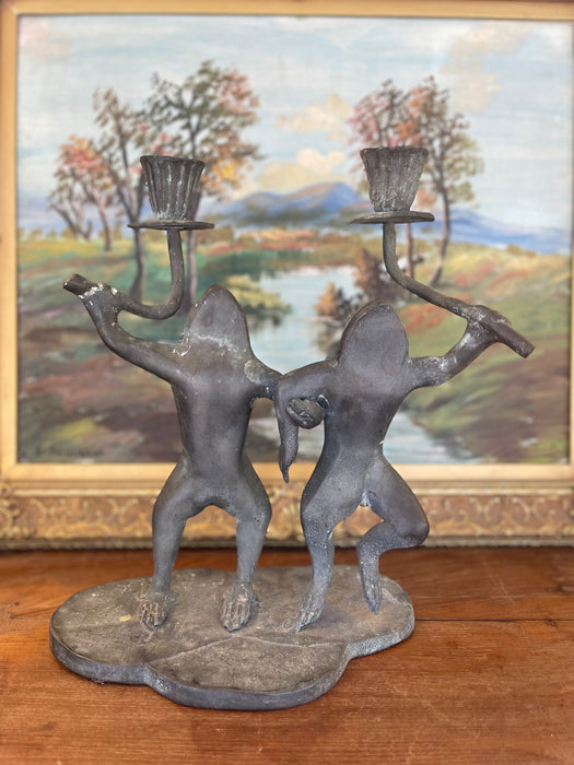 Whimsical Vintage Dancing Frog Candelabra with Dual Candle Holders, Likely Mid-20th Century Folk Art.