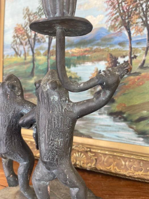Whimsical Vintage Dancing Frog Candelabra with Dual Candle Holders, Likely Mid-20th Century Folk Art.