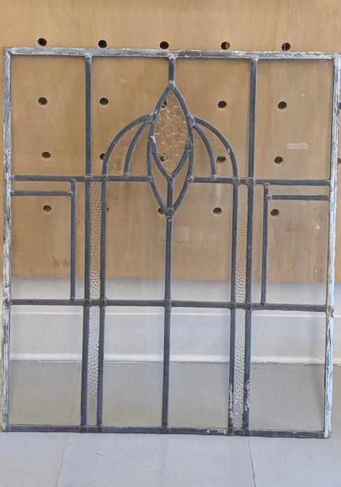 Likely Antique Leaded Glass Window Panel with Geometric and Textured Glass Design