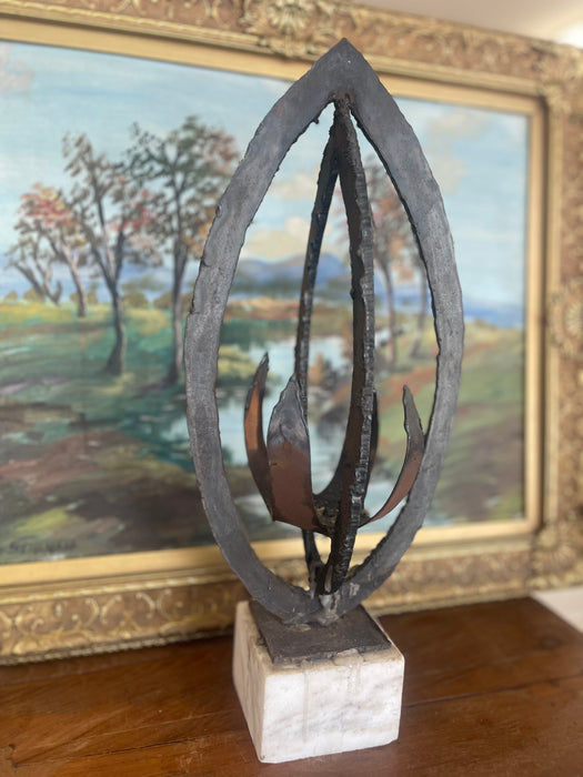 Brutalist Possibly Welded Steel Abstract Sculpture Candle Holder on Likely White Marble Base, 1960s Modernist Art Object.