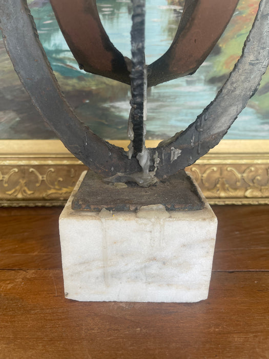 Brutalist Possibly Welded Steel Abstract Sculpture Candle Holder on Likely White Marble Base, 1960s Modernist Art Object.