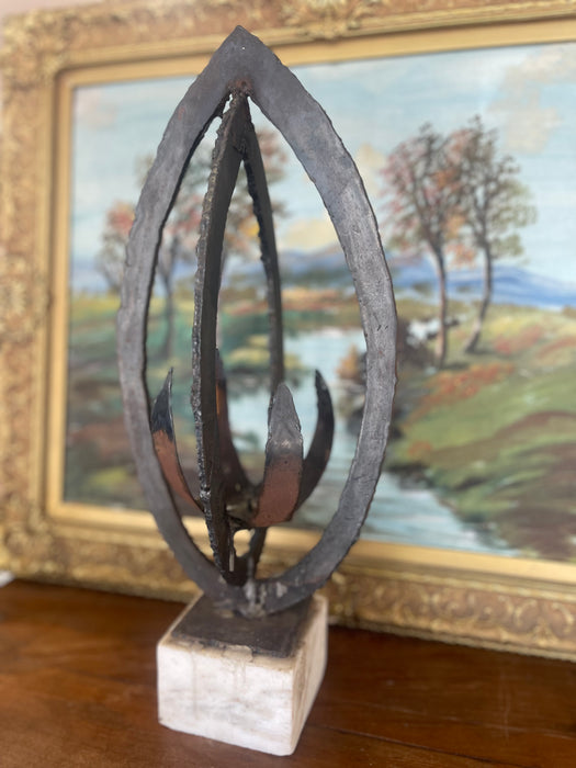 Brutalist Possibly Welded Steel Abstract Sculpture Candle Holder on Likely White Marble Base, 1960s Modernist Art Object.