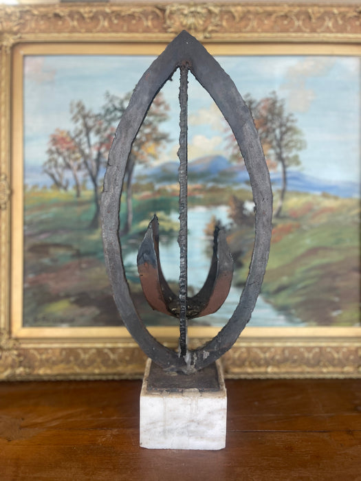 Brutalist Possibly Welded Steel Abstract Sculpture Candle Holder on Likely White Marble Base, 1960s Modernist Art Object.