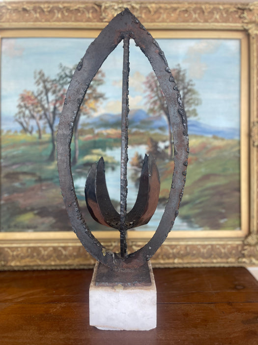 Brutalist Possibly Welded Steel Abstract Sculpture Candle Holder on Likely White Marble Base, 1960s Modernist Art Object.
