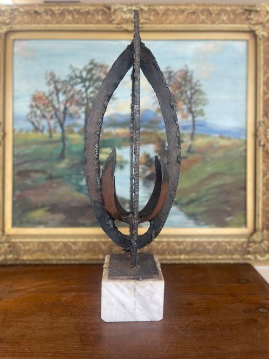 Brutalist Possibly Welded Steel Abstract Sculpture Candle Holder on Likely White Marble Base, 1960s Modernist Art Object.