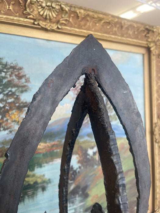 Brutalist Possibly Welded Steel Abstract Sculpture Candle Holder on Likely White Marble Base, 1960s Modernist Art Object.