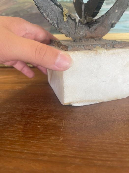 Brutalist Possibly Welded Steel Abstract Sculpture Candle Holder on Likely White Marble Base, 1960s Modernist Art Object.