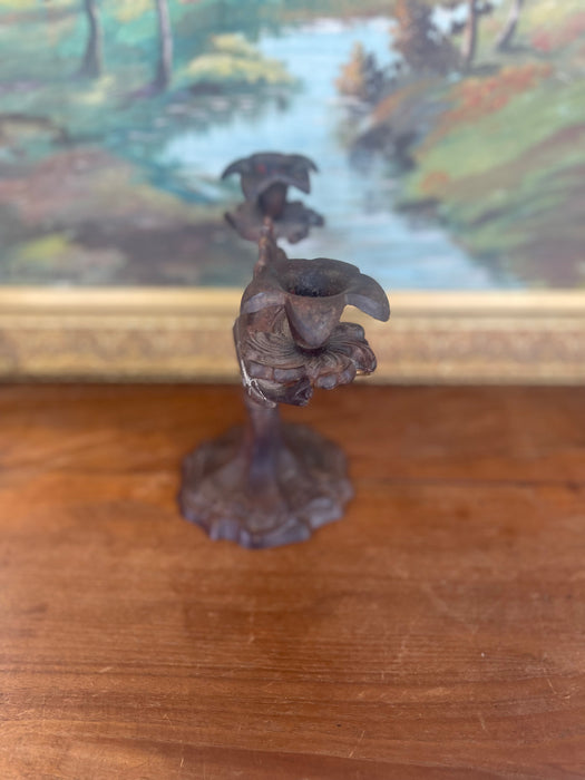 Possibly 19th Century Ornate Cast Iron Double-Arm Candelabrum with Floral Bobeches and Scroll Base.