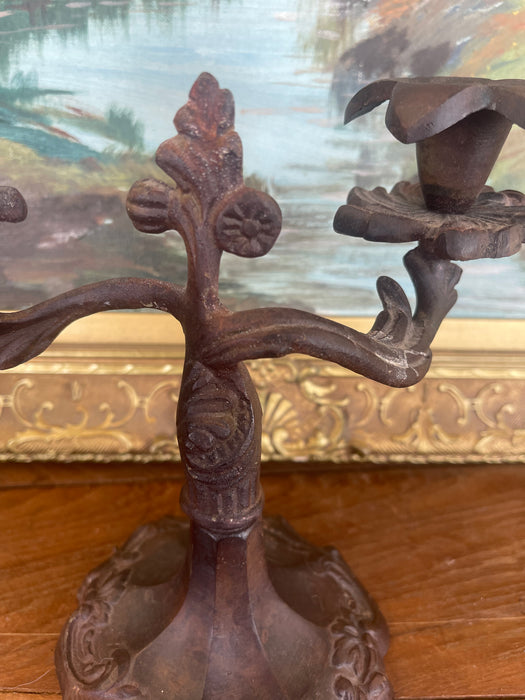 Possibly 19th Century Ornate Cast Iron Double-Arm Candelabrum with Floral Bobeches and Scroll Base.