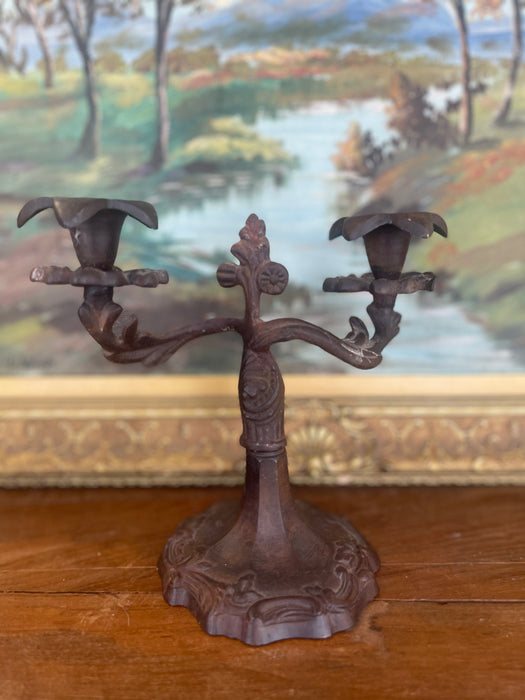Possibly 19th Century Ornate Cast Iron Double-Arm Candelabrum with Floral Bobeches and Scroll Base.
