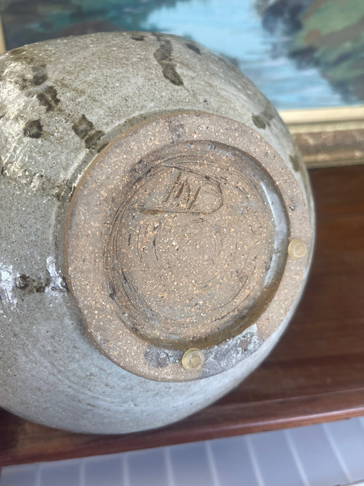 Studio Pottery Vase with Incised Design and Earth-Toned Glaze, Signed Base.