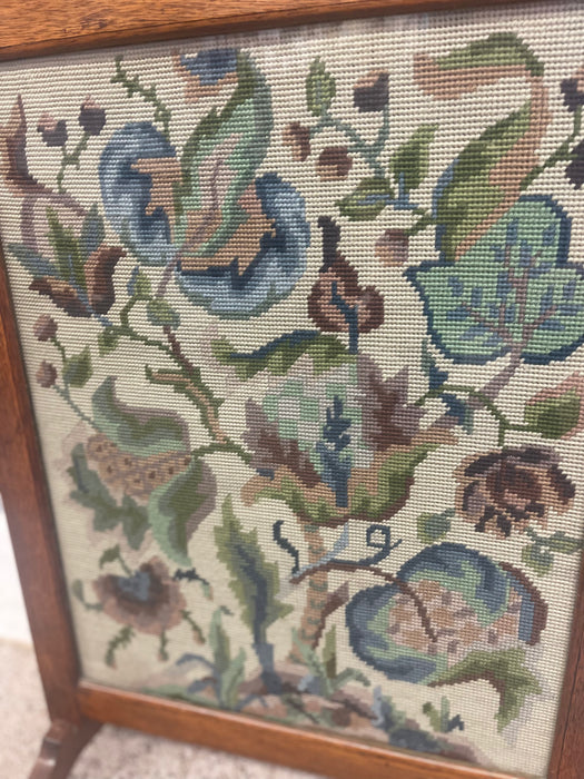 Possibly Antique Arts & Crafts Oak Fire Screen with Hand-Stitched Floral Needlepoint, Likely Early 20th Century.