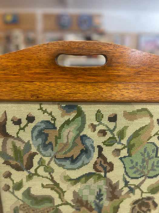 Possibly Antique Arts & Crafts Oak Fire Screen with Hand-Stitched Floral Needlepoint, Likely Early 20th Century.