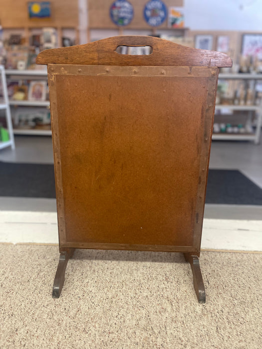 Possibly Antique Arts & Crafts Oak Fire Screen with Hand-Stitched Floral Needlepoint, Likely Early 20th Century.