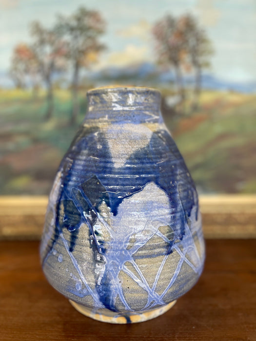 Signed Studio Art Pottery Vase with Expressive Blue Drip Glaze and Textured Stoneware Body.