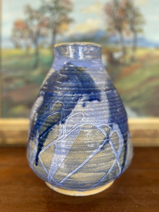 Signed Studio Art Pottery Vase with Expressive Blue Drip Glaze and Textured Stoneware Body.
