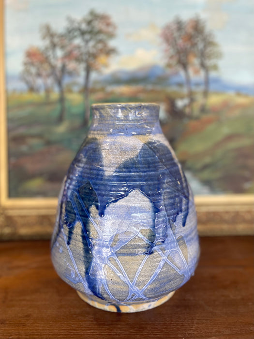 Signed Studio Art Pottery Vase with Expressive Blue Drip Glaze and Textured Stoneware Body.