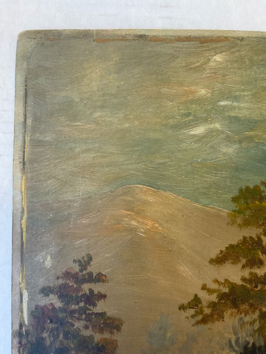 Likely 19th Century American Folk Landscape Painting on Artist's Board Featuring River, Forest, and Mountain Scene.