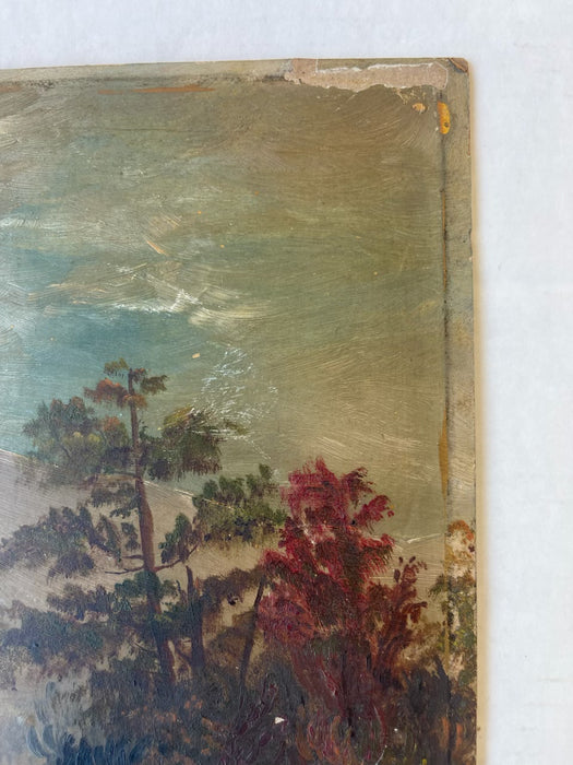 Likely 19th Century American Folk Landscape Painting on Artist's Board Featuring River, Forest, and Mountain Scene.