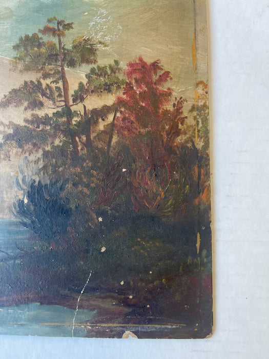 Likely 19th Century American Folk Landscape Painting on Artist's Board Featuring River, Forest, and Mountain Scene.