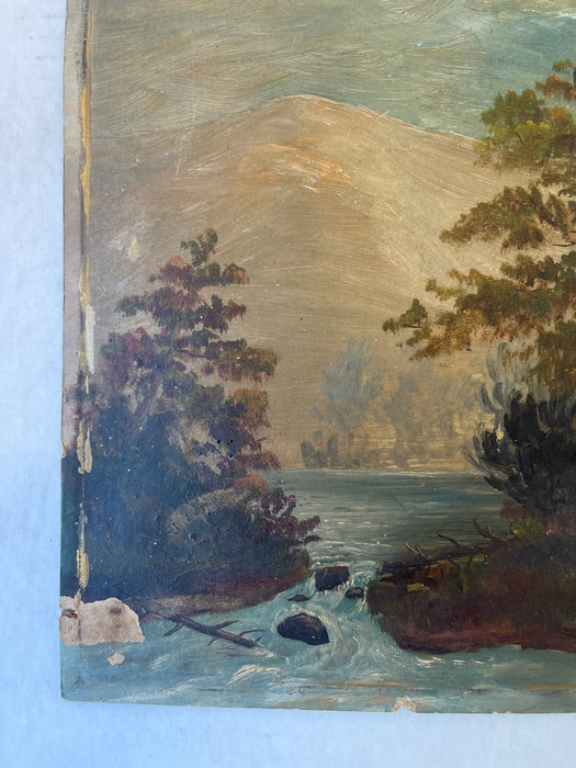 Likely 19th Century American Folk Landscape Painting on Artist's Board Featuring River, Forest, and Mountain Scene.