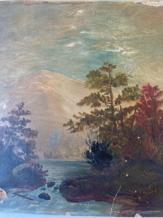 Likely 19th Century American Folk Landscape Painting on Artist's Board Featuring River, Forest, and Mountain Scene.