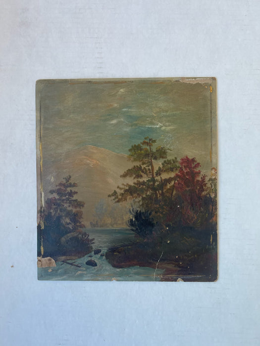 Likely 19th Century American Folk Landscape Painting on Artist's Board Featuring River, Forest, and Mountain Scene.