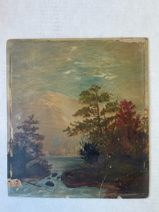 Likely 19th Century American Folk Landscape Painting on Artist's Board Featuring River, Forest, and Mountain Scene.