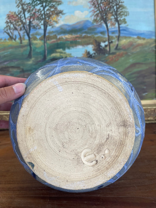 Signed Studio Art Pottery Vase with Expressive Blue Drip Glaze and Textured Stoneware Body.