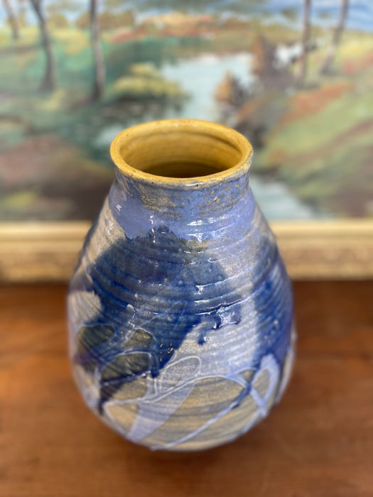Signed Studio Art Pottery Vase with Expressive Blue Drip Glaze and Textured Stoneware Body.
