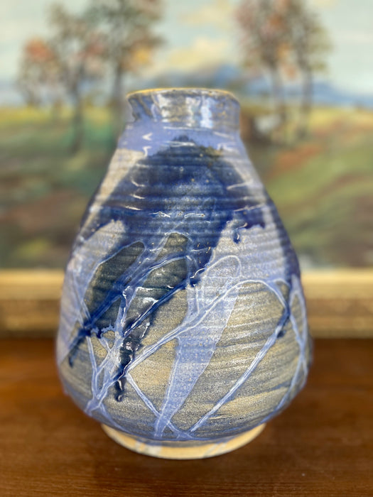 Signed Studio Art Pottery Vase with Expressive Blue Drip Glaze and Textured Stoneware Body.