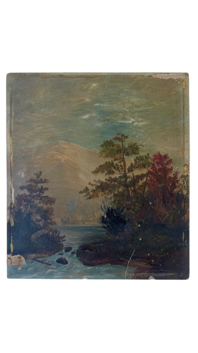 Likely 19th Century American Folk Landscape Painting on Artist's Board Featuring River, Forest, and Mountain Scene.