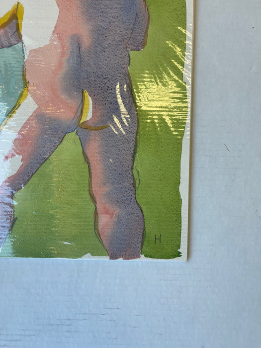 Contemporary Figurative Watercolor Painting Signed "H” Model Identified as Peter 2016
