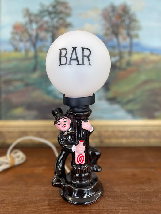 Whimsical Mid-Century Novelty Bar Lamp with Ceramic Drunk Man and Frosted Globe Shade