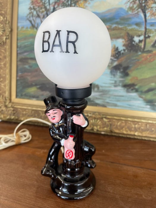 Whimsical Mid-Century Novelty Bar Lamp with Ceramic Drunk Man and Frosted Globe Shade