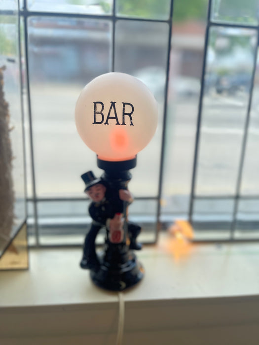 Whimsical Mid-Century Novelty Bar Lamp with Ceramic Drunk Man and Frosted Globe Shade