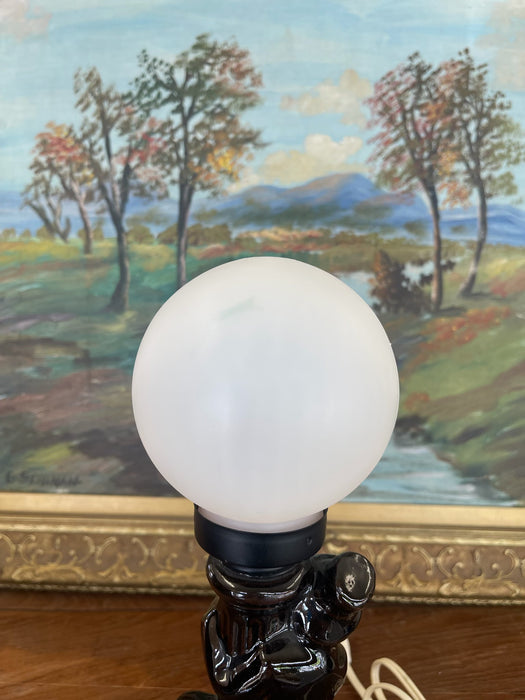Whimsical Mid-Century Novelty Bar Lamp with Ceramic Drunk Man and Frosted Globe Shade