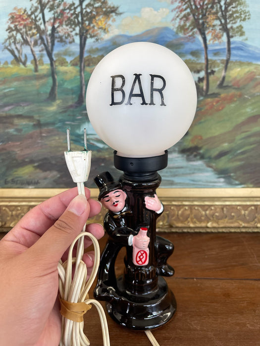 Whimsical Mid-Century Novelty Bar Lamp with Ceramic Drunk Man and Frosted Globe Shade