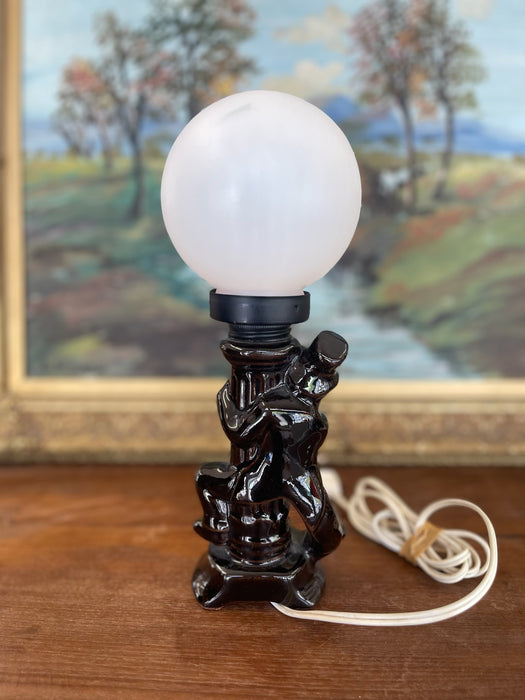 Whimsical Mid-Century Novelty Bar Lamp with Ceramic Drunk Man and Frosted Globe Shade